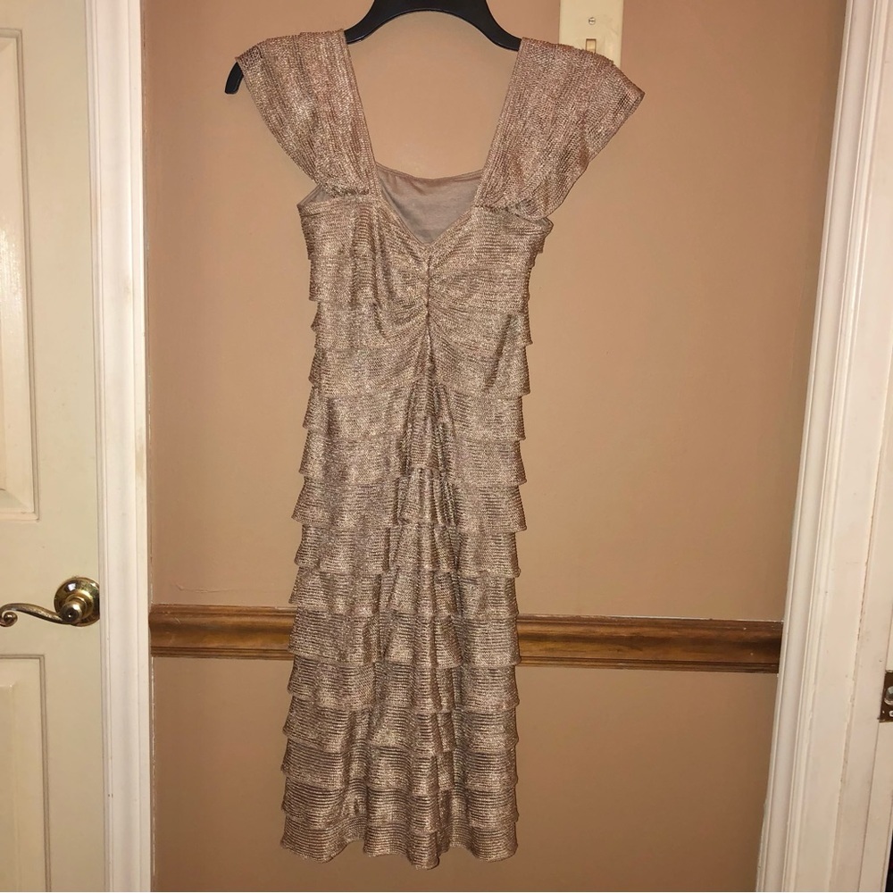 Max Studio Ruffle Fringe Sleeveless Tiered Dress Gold Metallic XS‎ - Picture 2 of 7